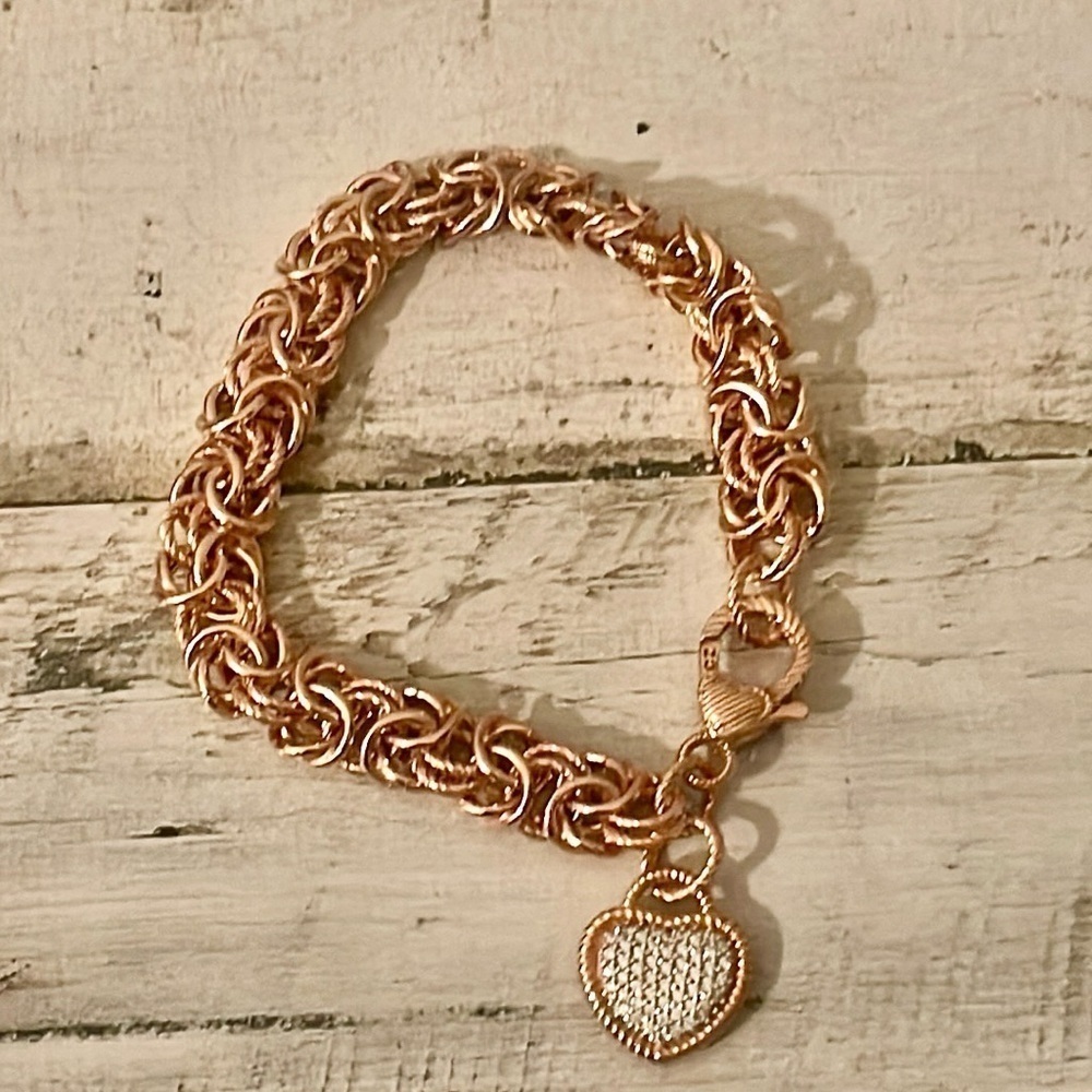Judith Ripka Rose Gold Clad Byzantine Heart Charm Bracelet Pave - Picture 3 of 7